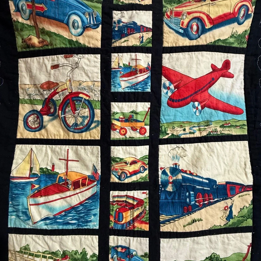 Retro Handmade Transportation Quilt Rainbow Patchwork Cars Trains Planes Blanket